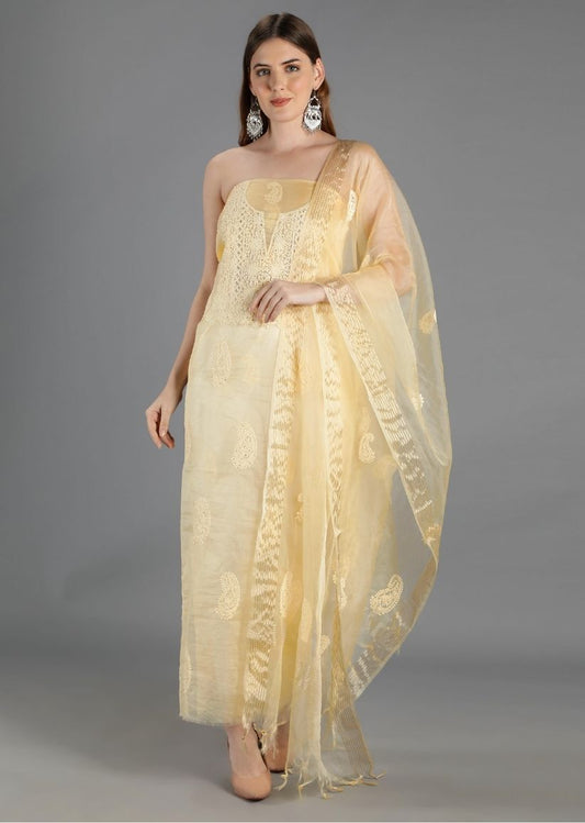 Firgun Mustard Yellow Lucknowi Chikankari Organza Unstitched Kurta & Dupatta Set