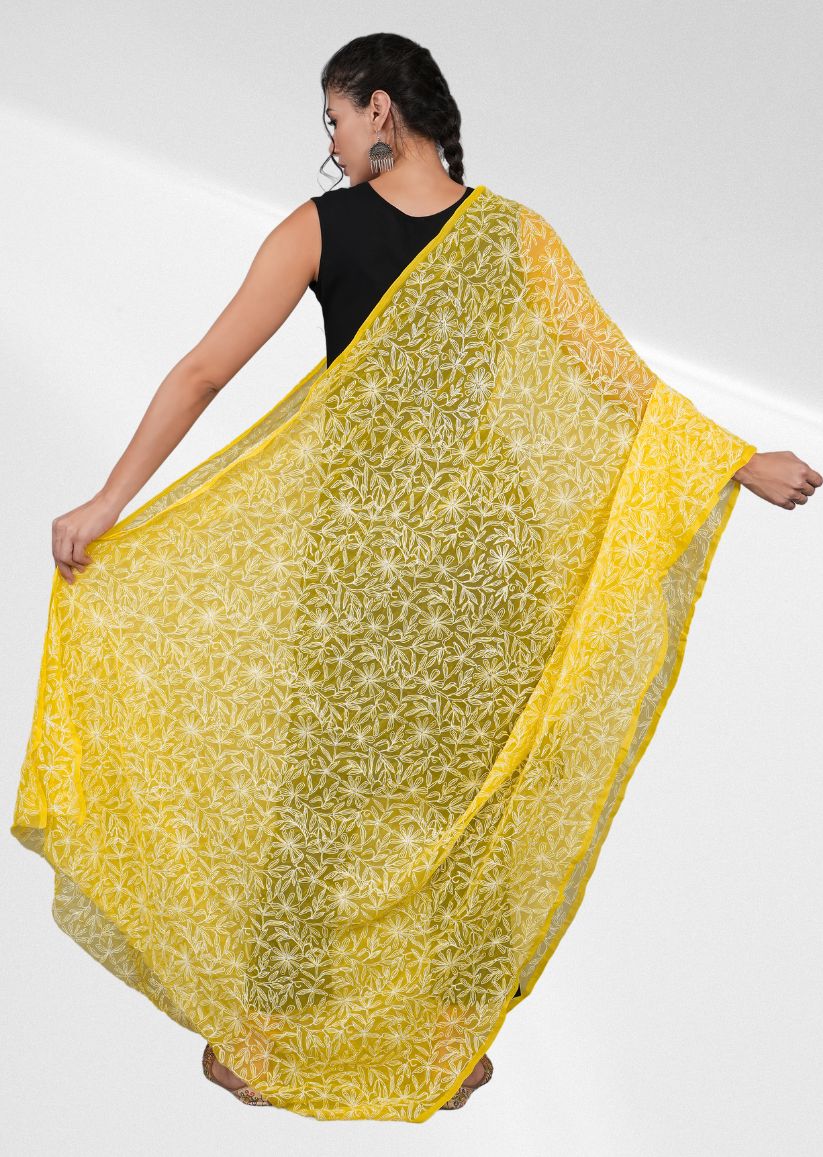 Firgun Mustard Yellow Tepchi Lucknowi Chikankari Georgette Dupatta