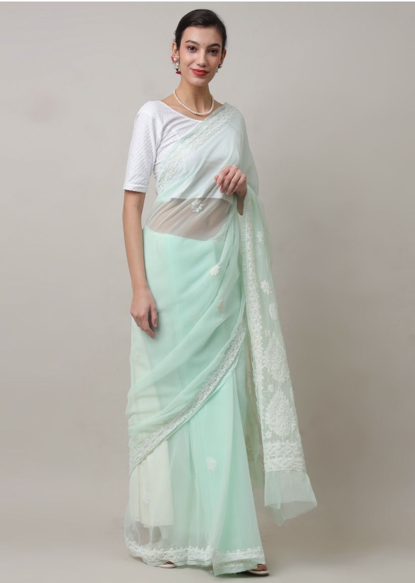 Firgun Light Green Lucknowi Chikankari Georgette Saree with Unstitched Blouse Piece