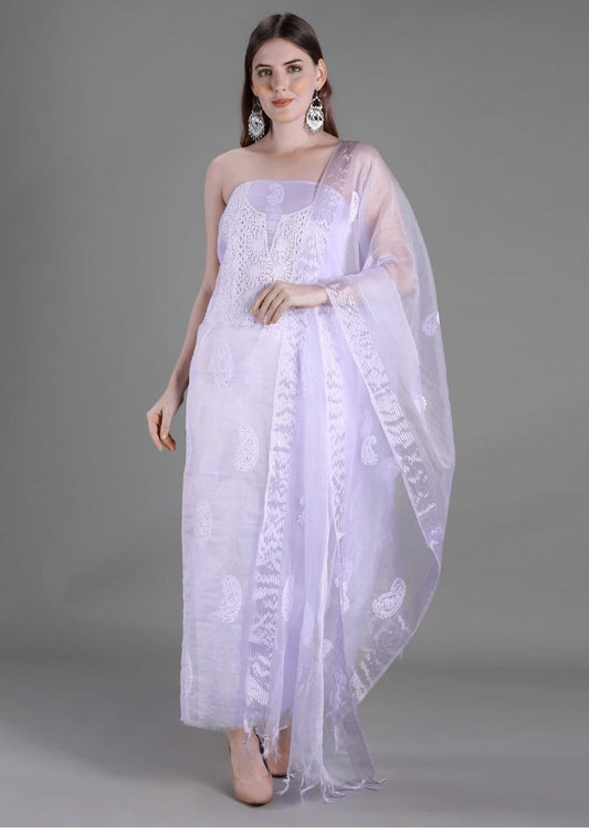 Firgun Lavender Lucknowi Chikankari Organza Unstitched Kurta & Dupatta Set