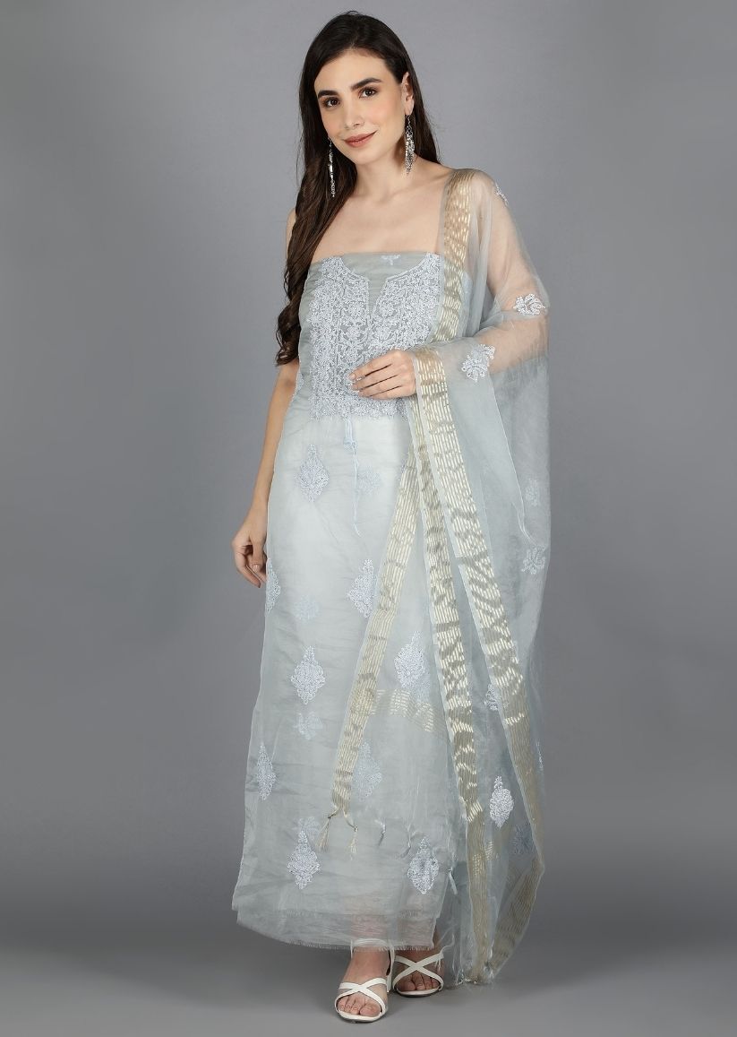 Firgun Grey Lucknowi Chikankari Organza Unstitched Kurta & Dupatta Set