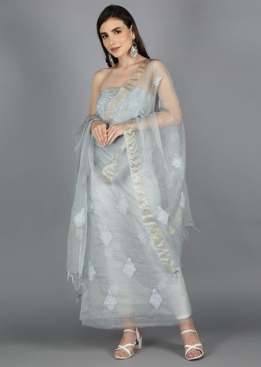 Firgun Grey Lucknowi Chikankari Organza Unstitched Kurta & Dupatta Set