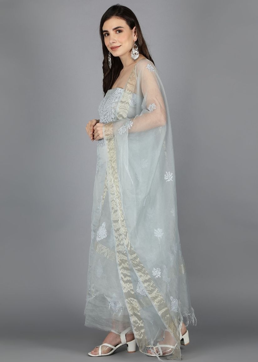 Firgun Grey Lucknowi Chikankari Organza Unstitched Kurta & Dupatta Set
