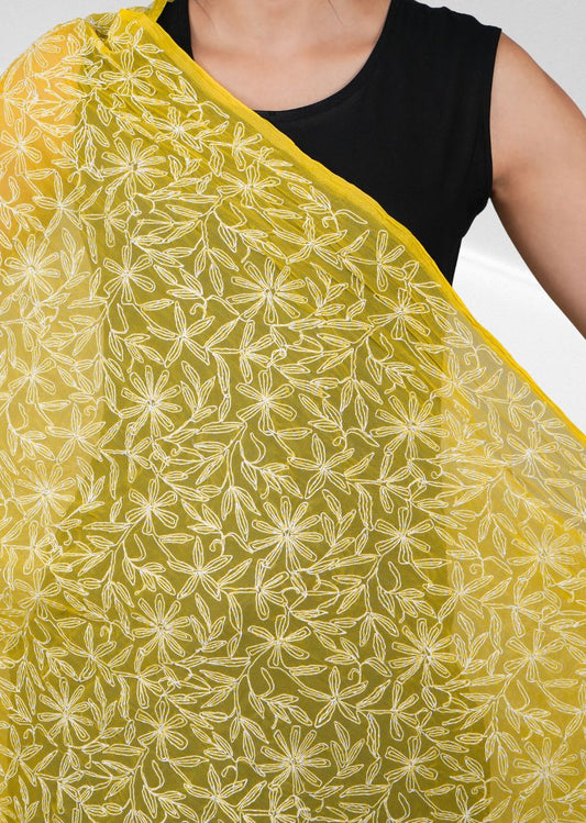 Firgun Mustard Yellow Tepchi Lucknowi Chikankari Georgette Dupatta