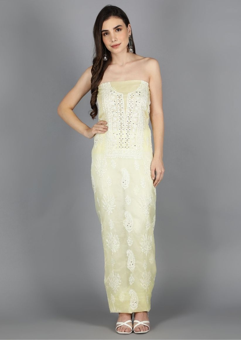 Firgun Lemon Lucknowi Chikankari and Mukaish Work Organza Unstitched Kurta & Dupatta Set