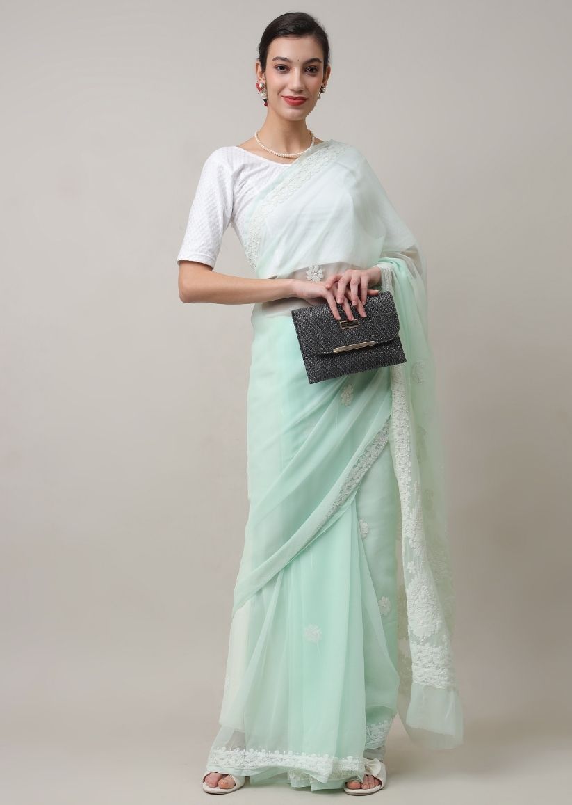 Firgun Light Green Lucknowi Chikankari Georgette Saree with Unstitched Blouse Piece