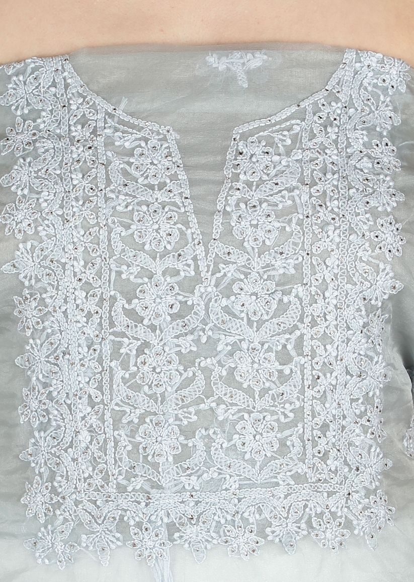 Firgun Grey Lucknowi Chikankari Organza Unstitched Kurta & Dupatta Set