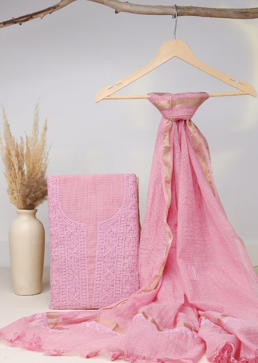 Firgun Pink Lucknowi Chikankari Kota Unstitched Kurta & Dupatta Set