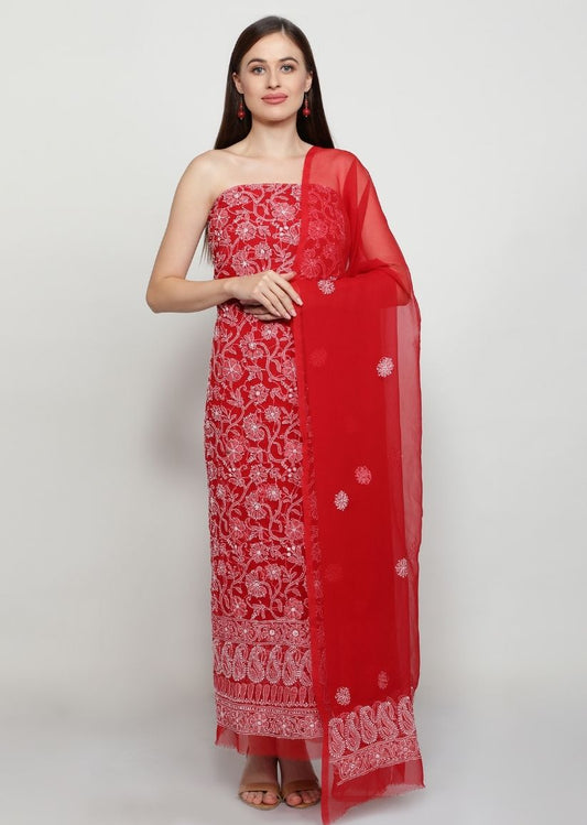 Firgun Red Lucknowi Chikankari Georgette Unstitched Suit Set