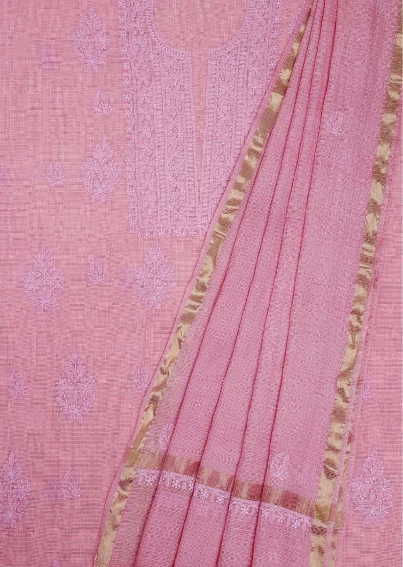 Firgun Pink Lucknowi Chikankari Kota Unstitched Kurta & Dupatta Set