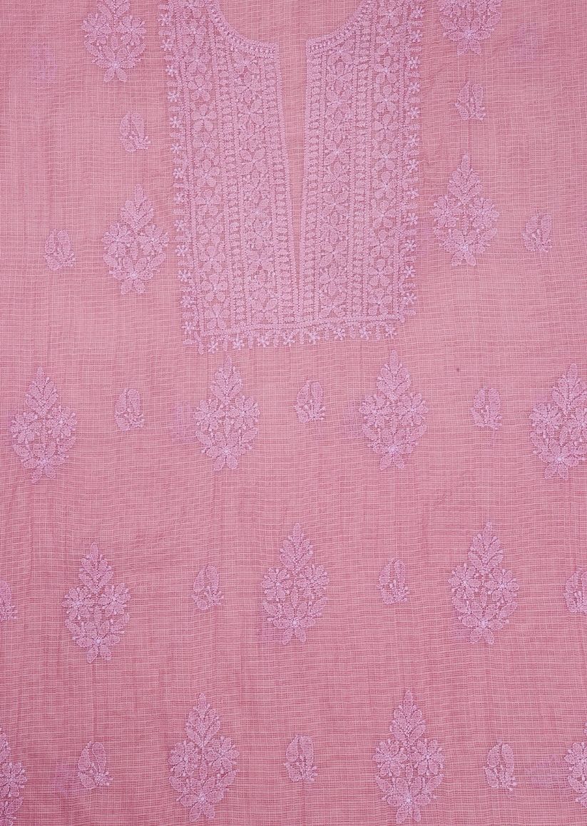 Firgun Pink Lucknowi Chikankari Kota Unstitched Kurta & Dupatta Set