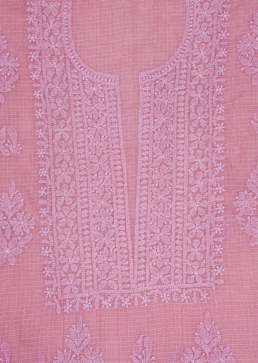 Firgun Pink Lucknowi Chikankari Kota Unstitched Kurta & Dupatta Set