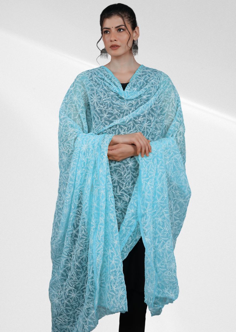 Firgun Firozi Tepchi Lucknowi Chikankari Georgette Dupatta