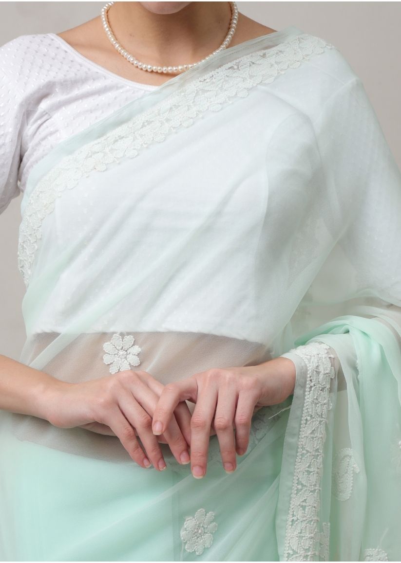 Firgun Light Green Lucknowi Chikankari Georgette Saree with Unstitched Blouse Piece