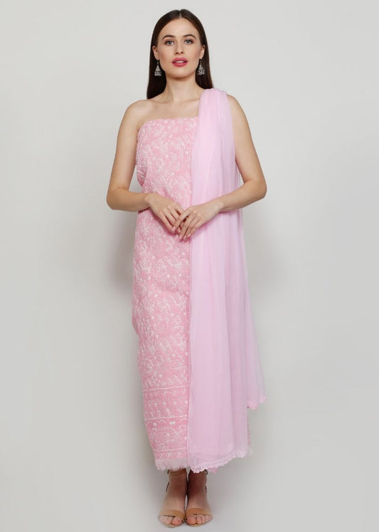 Firgun Pink Lucknowi Chikankari Cotton Unstitched Suit Set