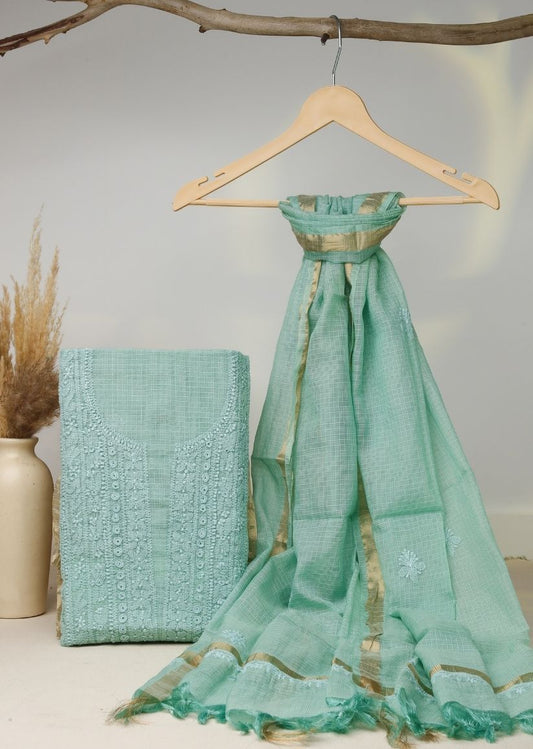 Firgun Mint Green Lucknowi Chikankari Kota Unstitched Kurta & Dupatta Set