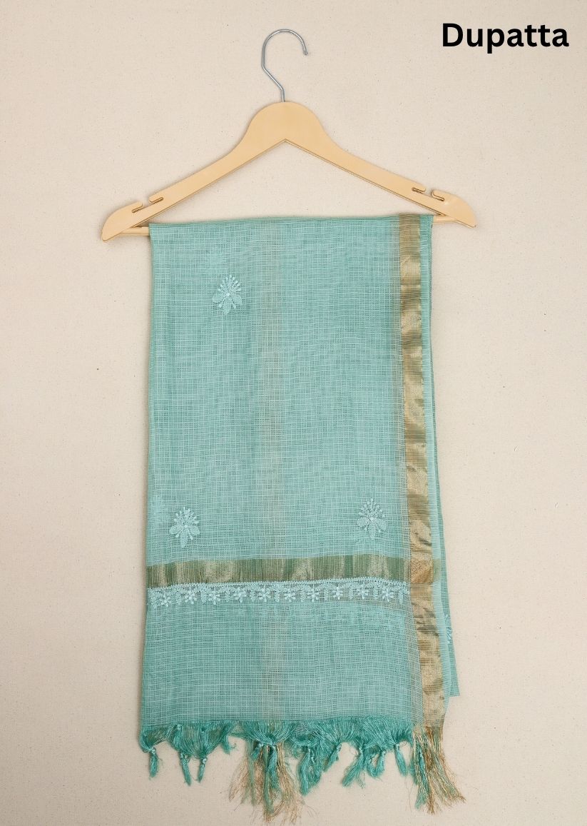 Firgun Mint Green Lucknowi Chikankari Kota Unstitched Kurta & Dupatta Set