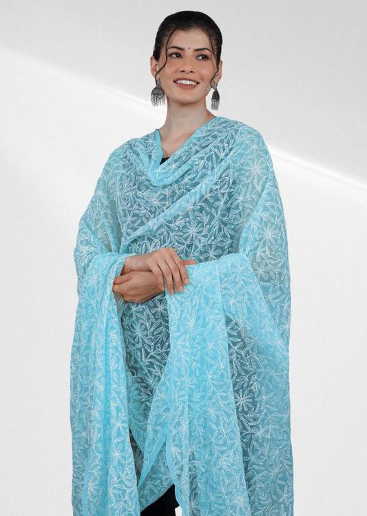 Firgun Firozi Tepchi Lucknowi Chikankari Georgette Dupatta
