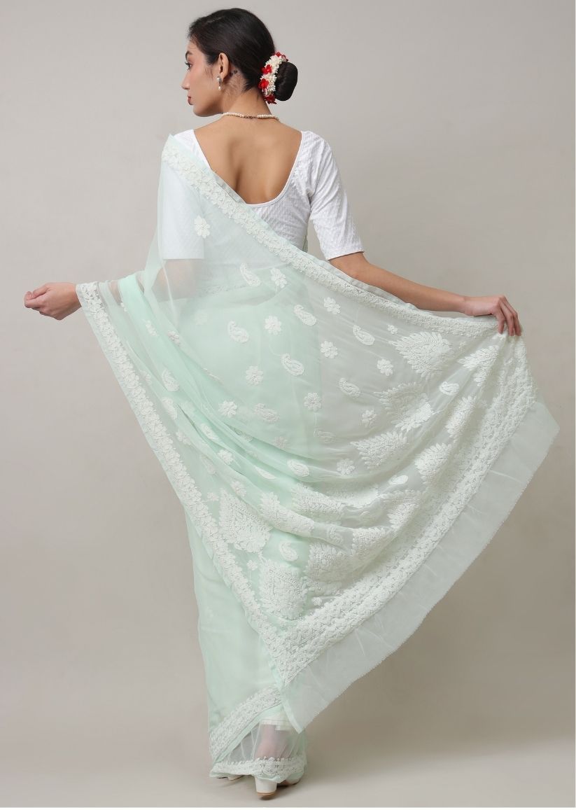 Firgun Light Green Lucknowi Chikankari Georgette Saree with Unstitched Blouse Piece