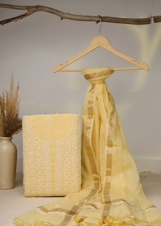 Firgun Yellow Lucknowi Chikankari Kota Unstitched Kurta & Dupatta Set