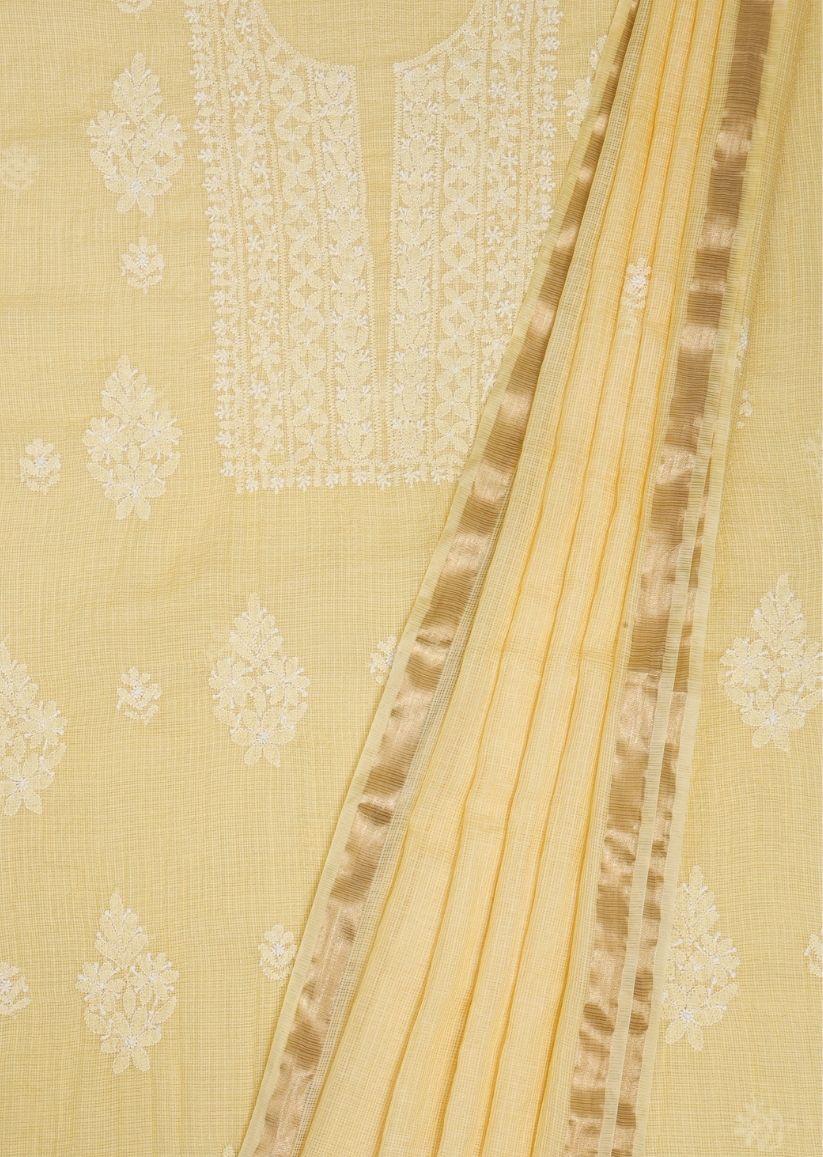 Firgun Yellow Lucknowi Chikankari Kota Unstitched Kurta & Dupatta Set