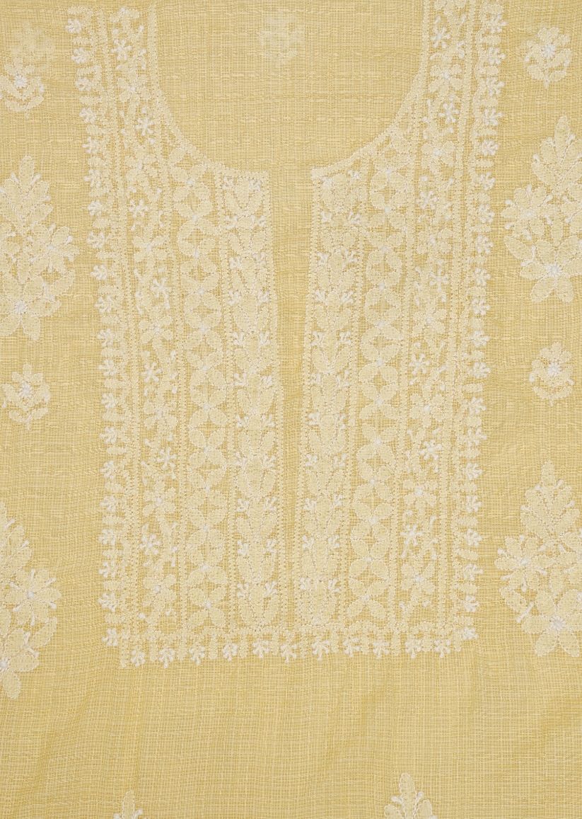 Firgun Yellow Lucknowi Chikankari Kota Unstitched Kurta & Dupatta Set