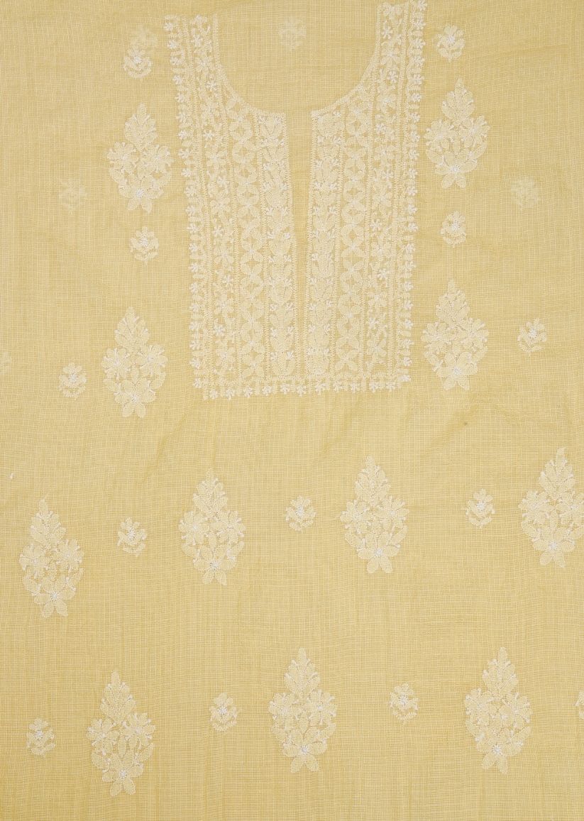 Firgun Yellow Lucknowi Chikankari Kota Unstitched Kurta & Dupatta Set