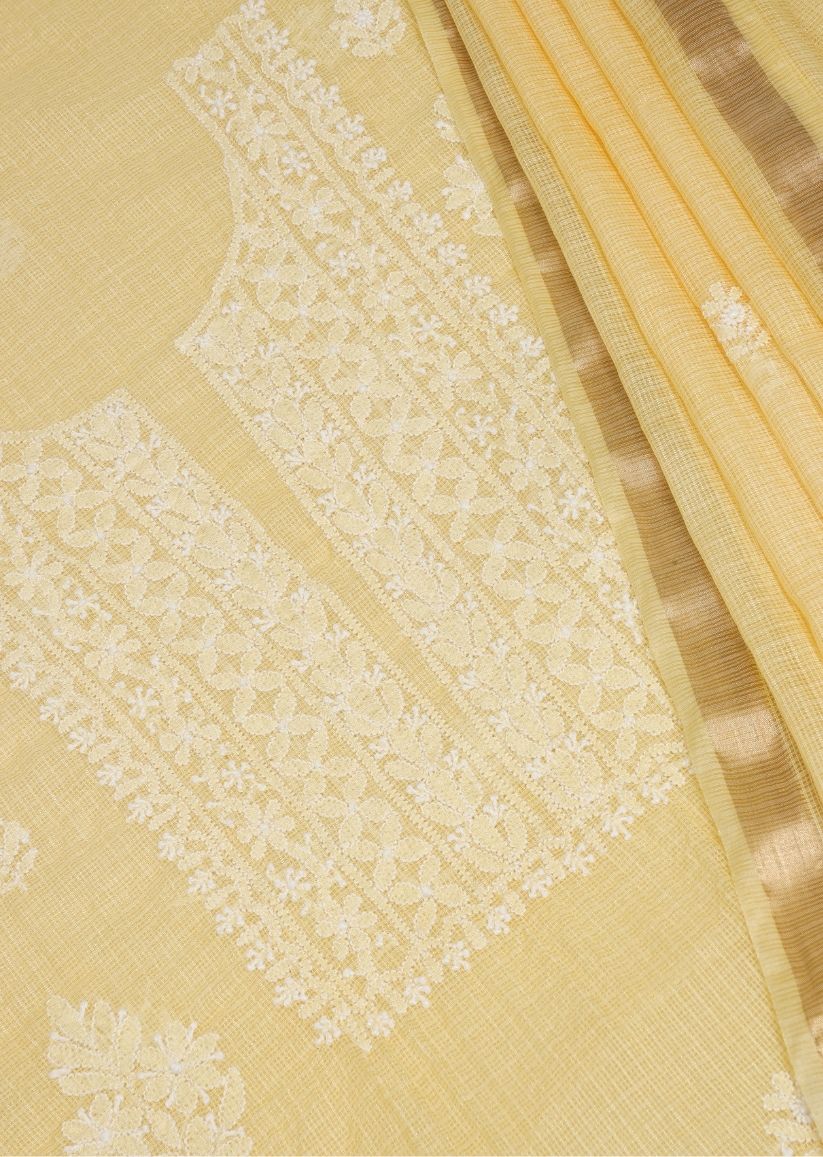 Firgun Yellow Lucknowi Chikankari Kota Unstitched Kurta & Dupatta Set