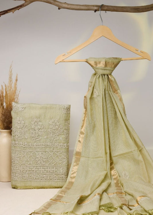 Firgun Mehendi Green Lucknowi Chikankari Kota Unstitched Kurta & Dupatta Set