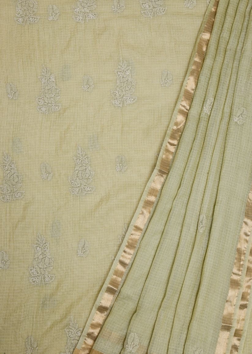 Firgun Mehendi Green Lucknowi Chikankari Kota Unstitched Kurta & Dupatta Set