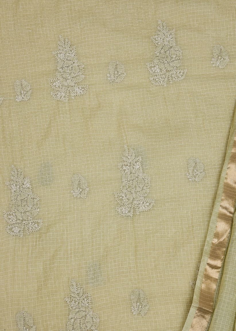 Firgun Mehendi Green Lucknowi Chikankari Kota Unstitched Kurta & Dupatta Set