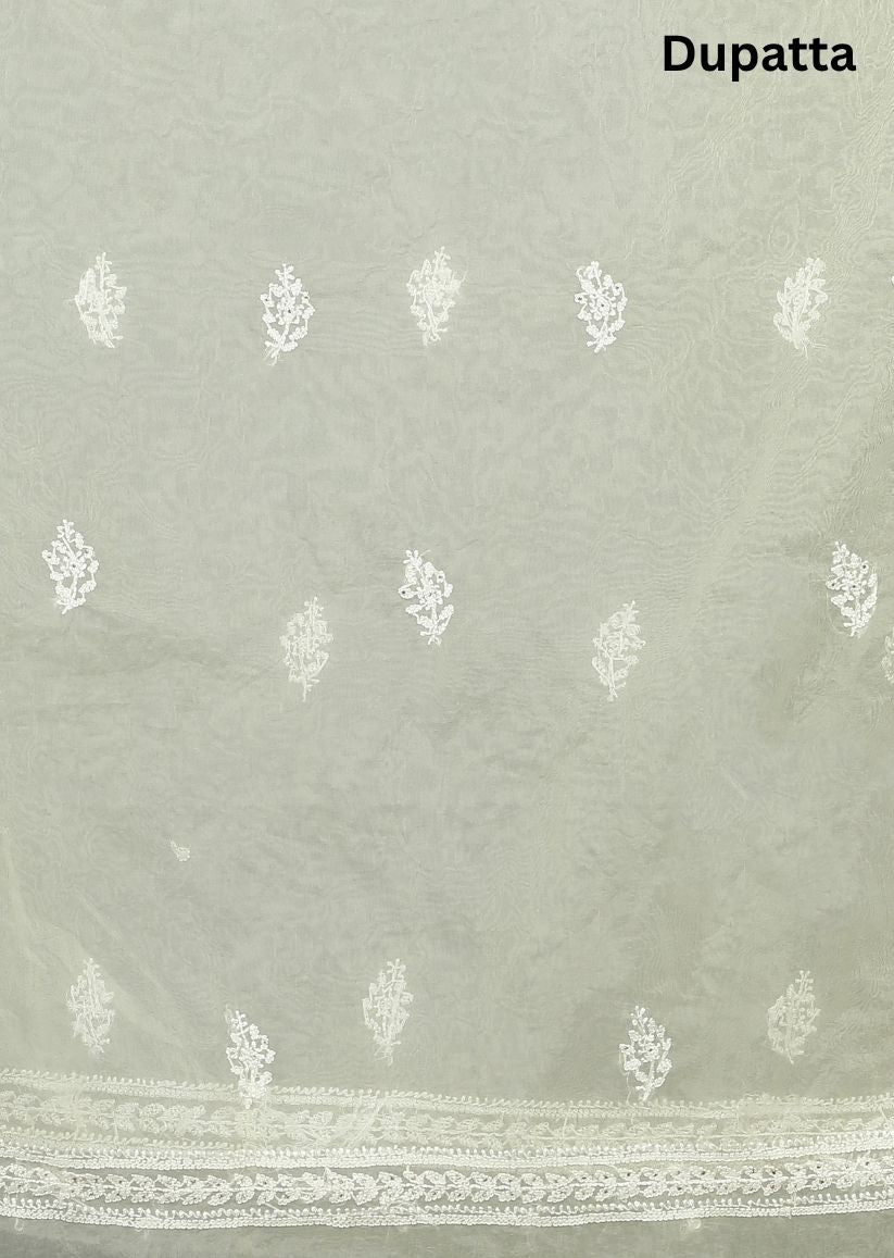 Firgun Lemon Lucknowi Chikankari and Mukaish Work Organza Unstitched Kurta & Dupatta Set