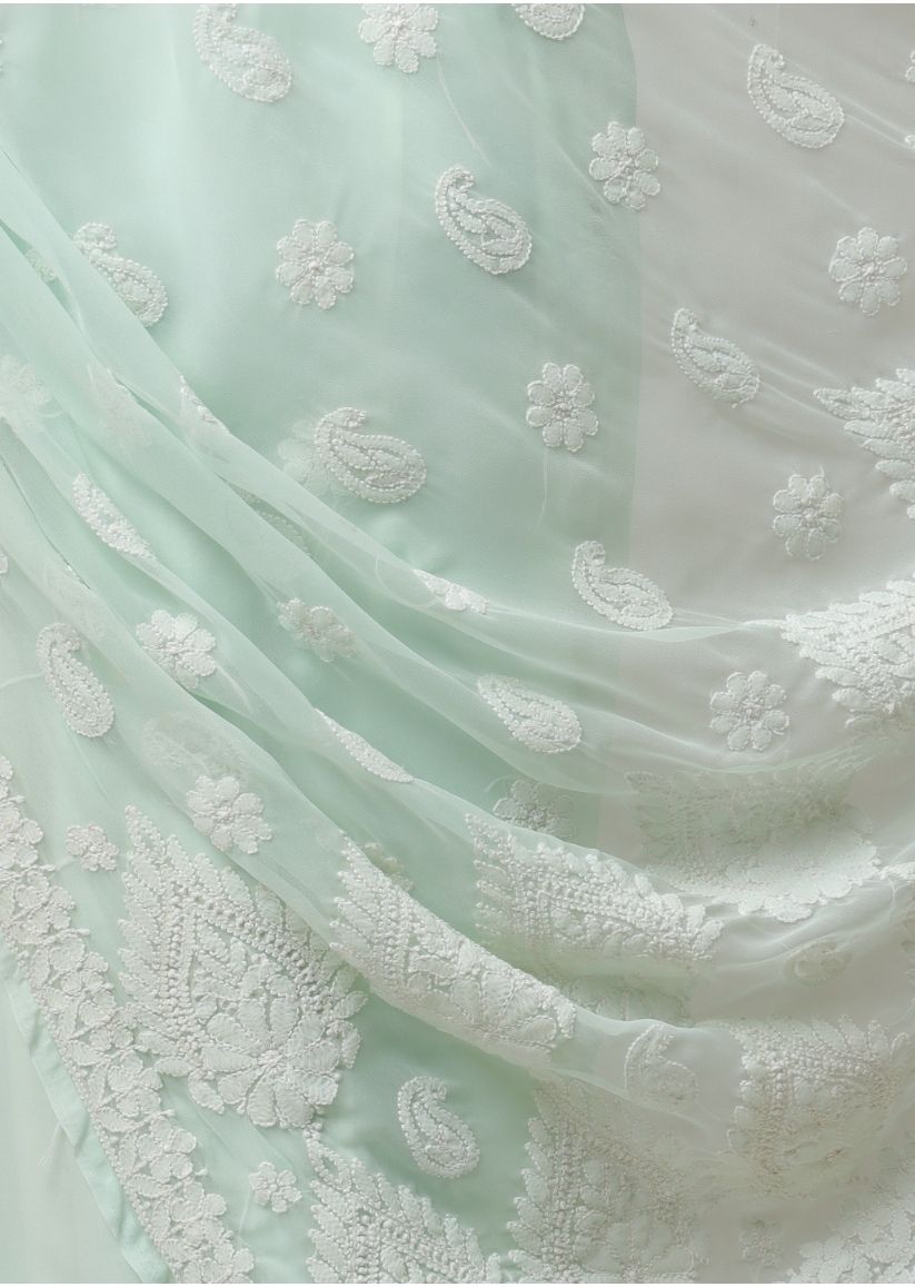Firgun Light Green Lucknowi Chikankari Georgette Saree with Unstitched Blouse Piece