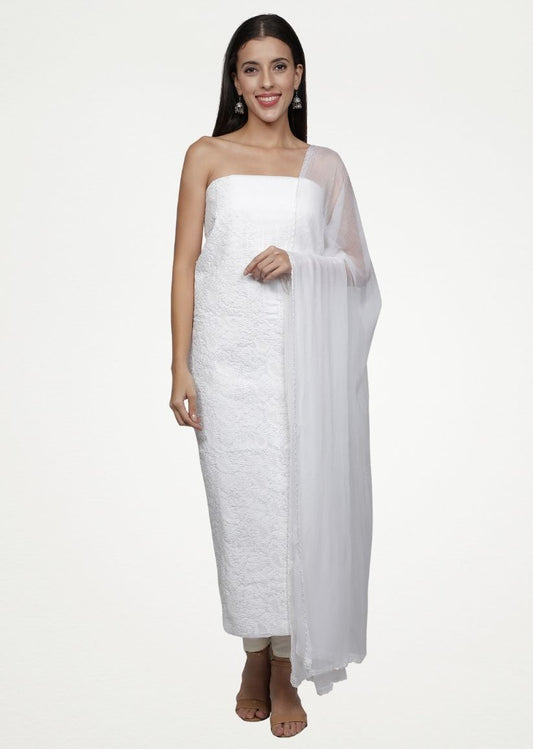 Firgun White Lucknowi Chikankari Cotton Unstitched Suit Set