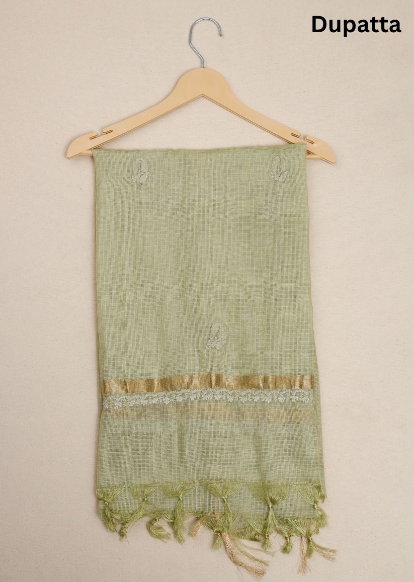 Firgun Mehendi Green Lucknowi Chikankari Kota Unstitched Kurta & Dupatta Set