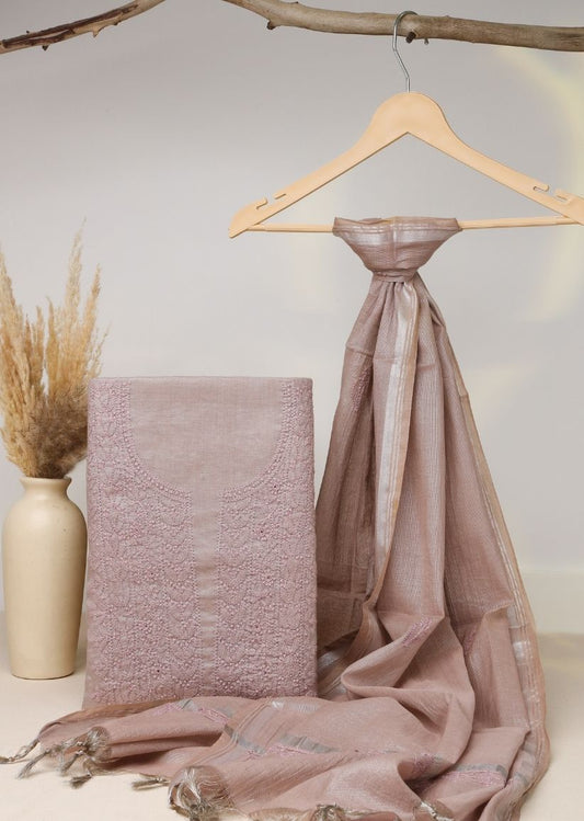 Firgun Cola Lucknowi Chikankari Chanderi Silver Tissue Unstitched Kurta & Dupatta Set