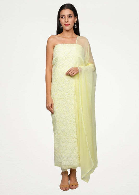 Firgun Lemon Lucknowi Chikankari Cotton Unstitched Suit Set