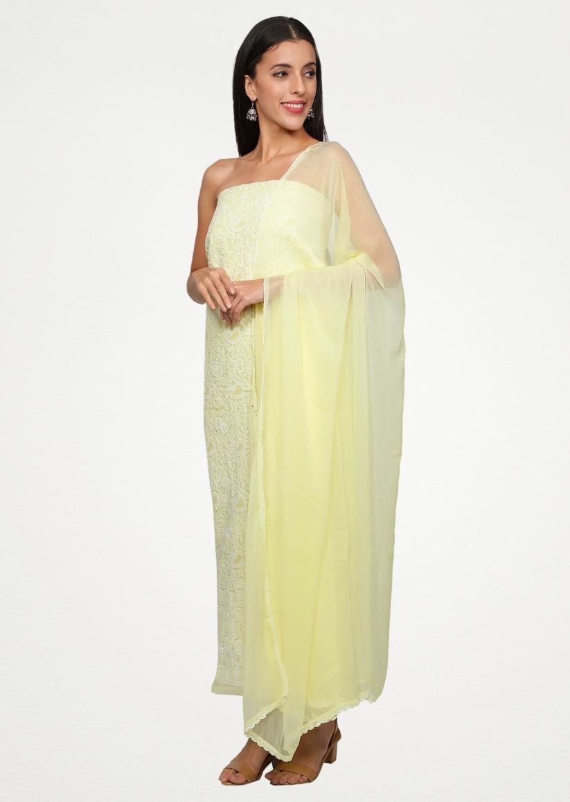 Firgun Lemon Lucknowi Chikankari Cotton Unstitched Suit Set