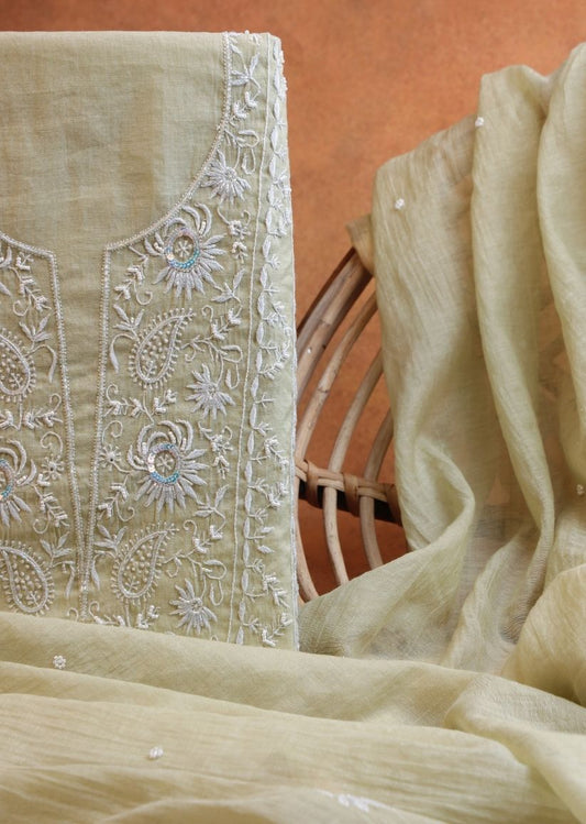 Firgun Mehendi Green Lucknowi Chikankari Mul Chanderi Unstitched Kurta & Dupatta Set