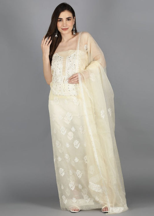 Firgun Beige Lucknowi Chikankari and Mukaish Work Organza Unstitched Kurta & Dupatta Set