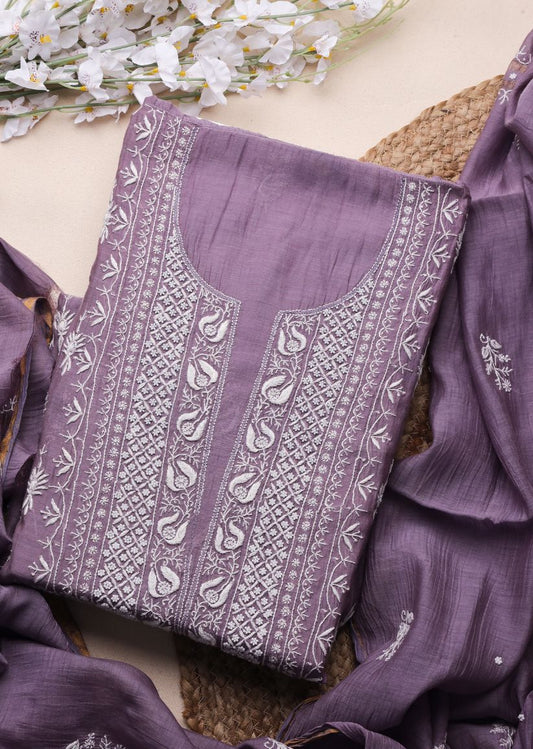 Firgun Mauve Lucknowi Chikankari & Pearl Work Mul Chanderi Unstitched Kurta & Dupatta Set