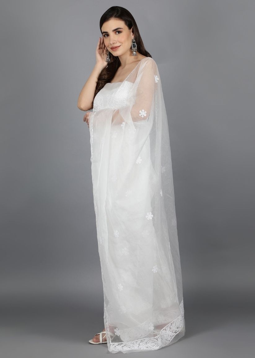 Firgun White Lucknowi Chikankari Organza Unstitched Kurta & Dupatta Set