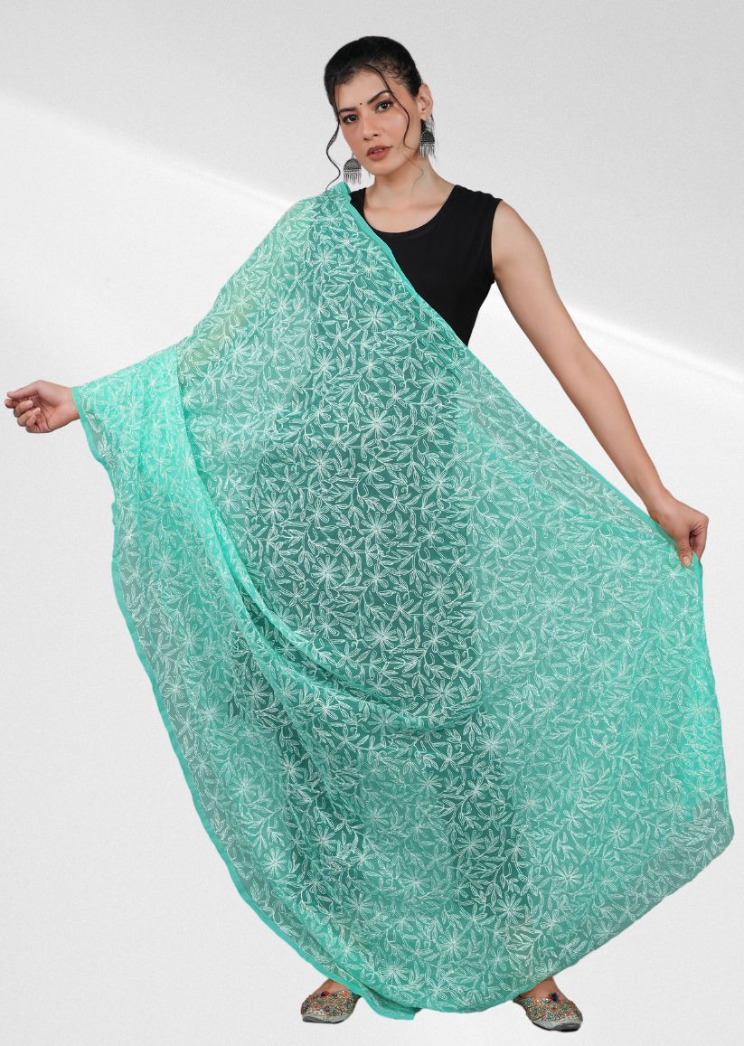 Firgun Mint Green Tepchi Lucknowi Chikankari Georgette Dupatta
