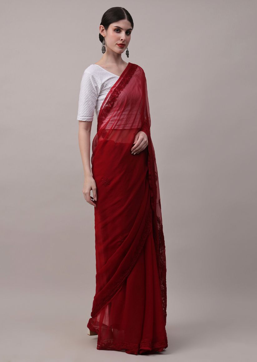 Firgun Lucknowi Chikankari Georgette Saree with Blouse Piece