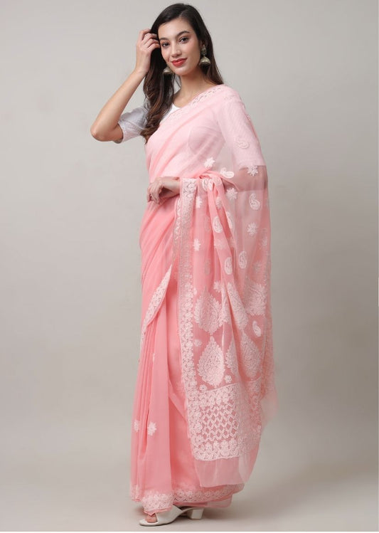 Firgun Peach Lucknowi Chikankari Georgette Saree with Unstitched Blouse Piece