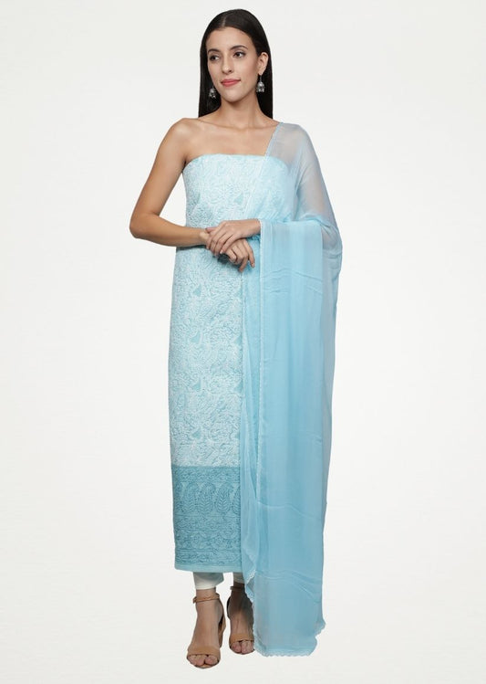 Firgun Blue Lucknowi Chikankari Cotton Unstitched Suit Set