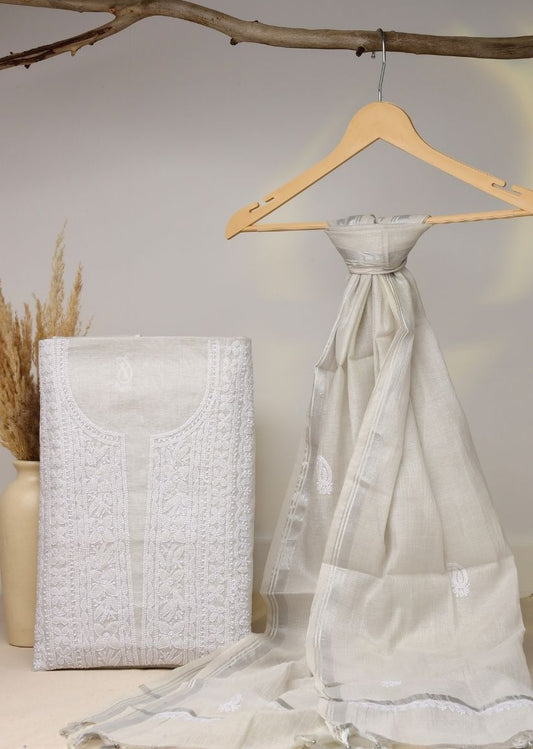 Firgun Silver Lucknowi Chikankari Chanderi Tissue Unstitched Kurta & Dupatta Set