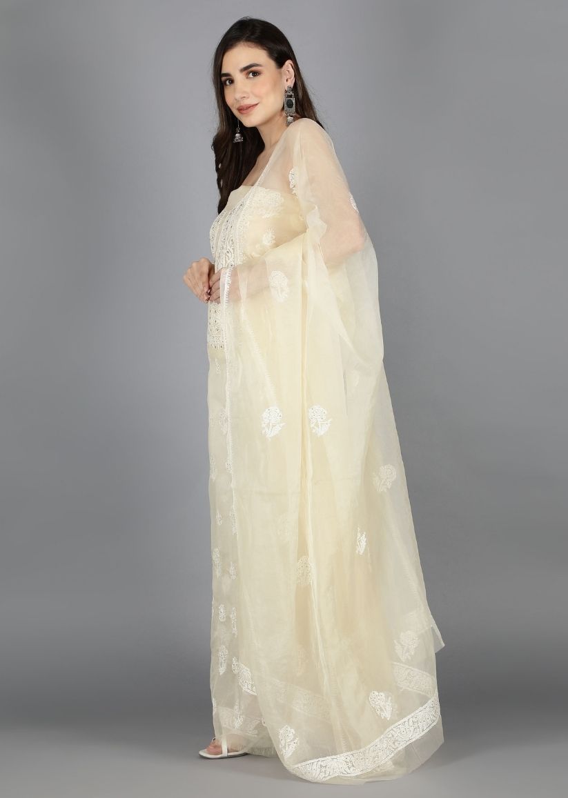 Firgun Beige Lucknowi Chikankari and Mukaish Work Organza Unstitched Kurta & Dupatta Set