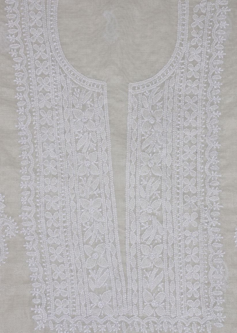 Firgun Silver Lucknowi Chikankari Chanderi Tissue Unstitched Kurta & Dupatta Set