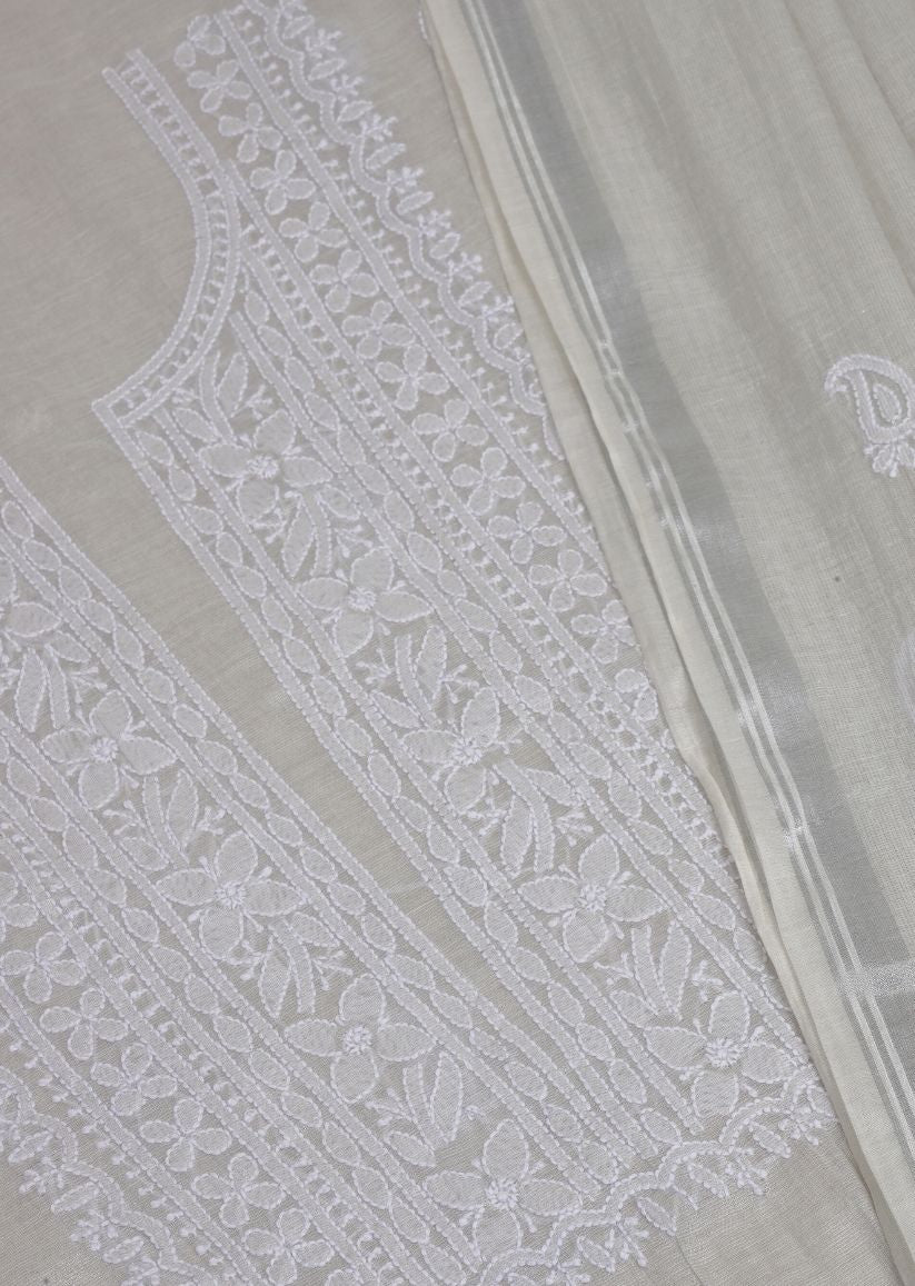 Firgun Silver Lucknowi Chikankari Chanderi Tissue Unstitched Kurta & Dupatta Set